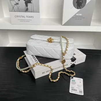 Chanel 25P AS5353 Flap Bag Shiny Lambskin  Imitation Pearls & Gold Tone Metal White