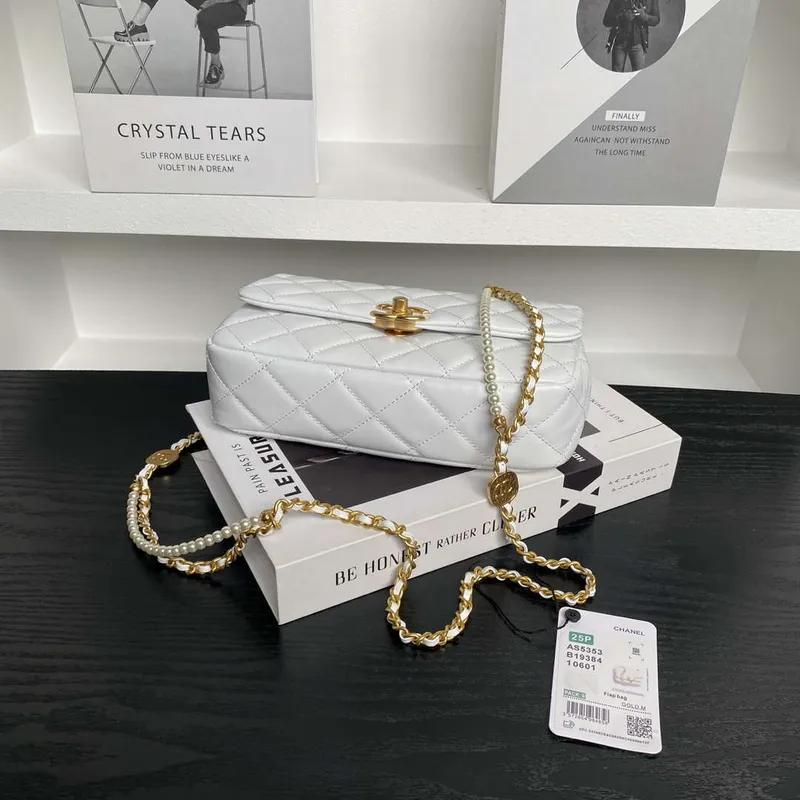 Chanel 25P AS5353 Flap Bag Shiny Lambskin  Imitation Pearls & Gold Tone Metal White