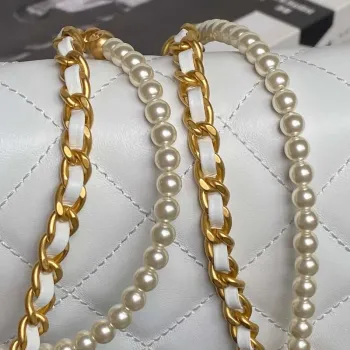 Chanel 25P AS5353 Flap Bag Shiny Lambskin  Imitation Pearls & Gold Tone Metal White