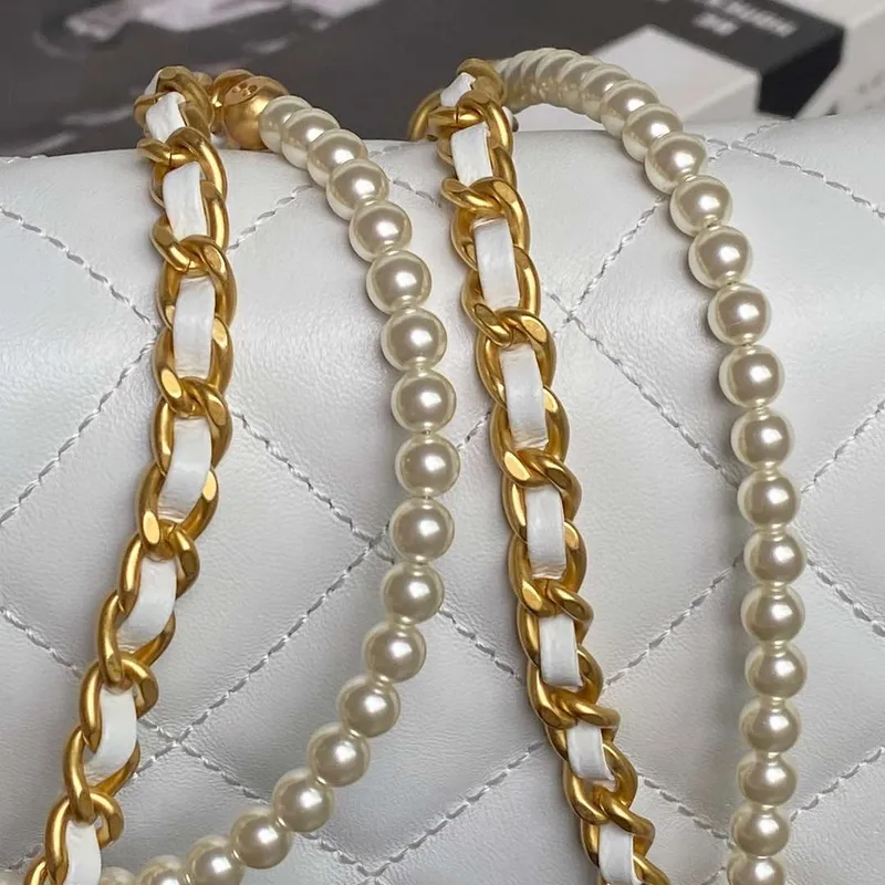 Chanel 25P AS5353 Flap Bag Shiny Lambskin  Imitation Pearls & Gold Tone Metal White