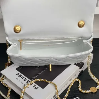 Chanel 25P AS5353 Flap Bag Shiny Lambskin  Imitation Pearls & Gold Tone Metal White