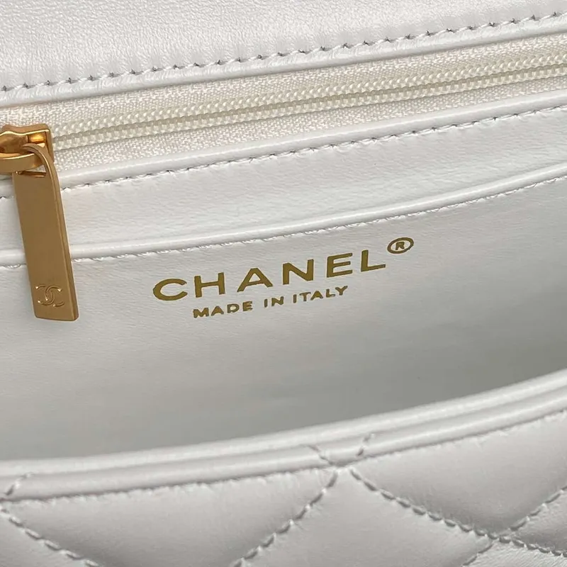 Chanel 25P AS5353 Flap Bag Shiny Lambskin  Imitation Pearls & Gold Tone Metal White