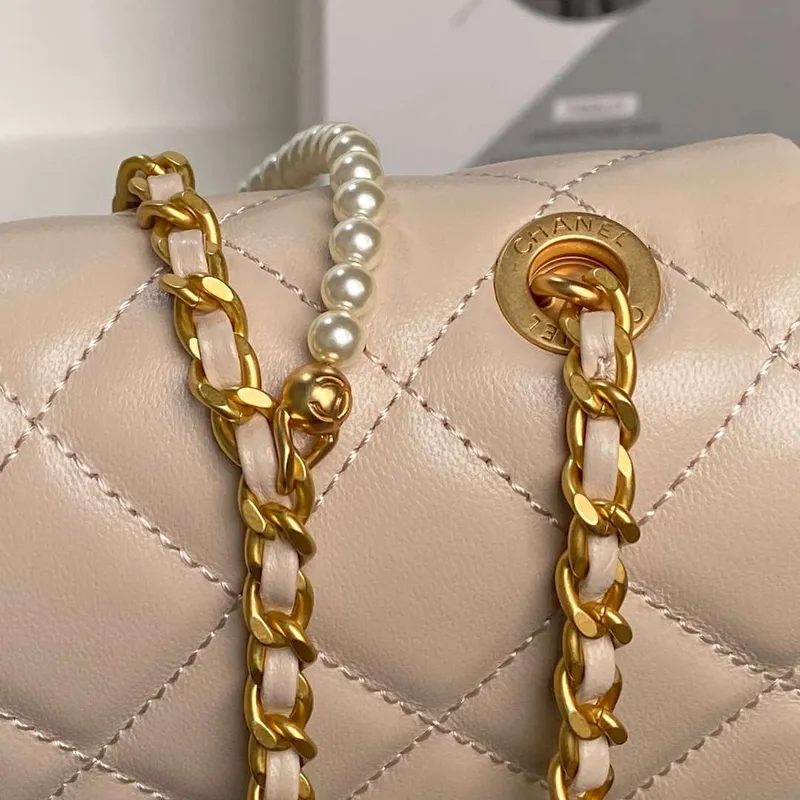 Chanel 25P AS5353 Flap Bag Shiny Lambskin  Imitation Pearls & Gold Tone Metal Apricot