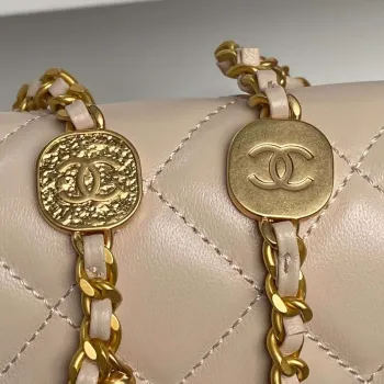 Chanel 25P AS5353 Flap Bag Shiny Lambskin  Imitation Pearls & Gold Tone Metal Apricot