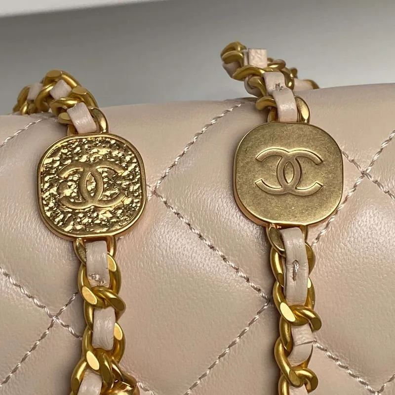 Chanel 25P AS5353 Flap Bag Shiny Lambskin  Imitation Pearls & Gold Tone Metal Apricot