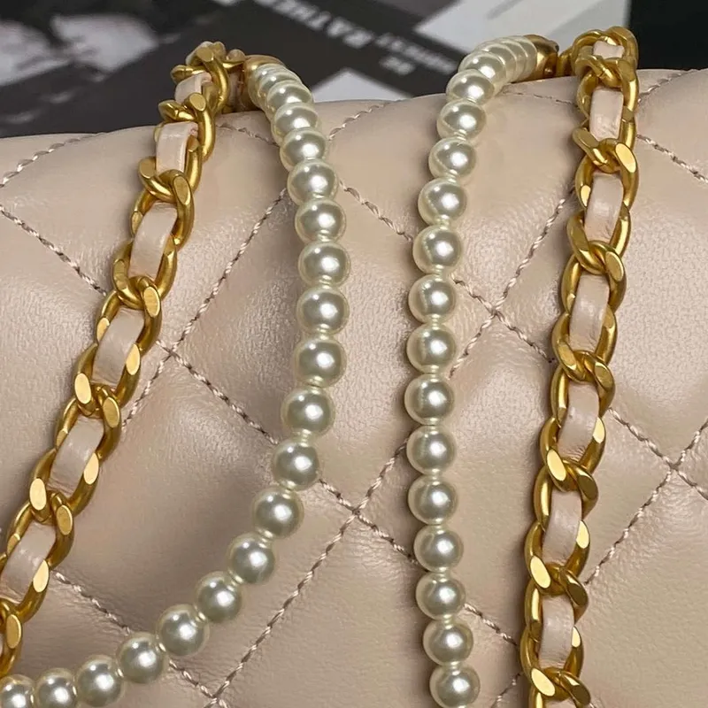 Chanel 25P AS5353 Flap Bag Shiny Lambskin  Imitation Pearls & Gold Tone Metal Apricot