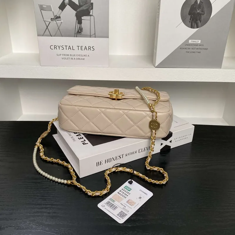 Chanel 25P AS5353 Flap Bag Shiny Lambskin  Imitation Pearls & Gold Tone Metal Apricot