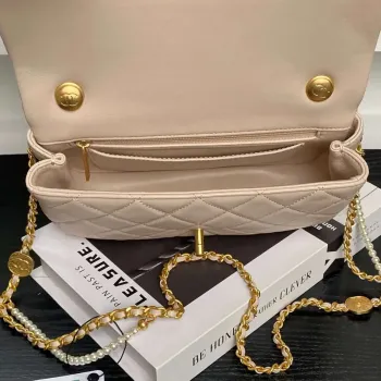 Chanel 25P AS5353 Flap Bag Shiny Lambskin  Imitation Pearls & Gold Tone Metal Apricot