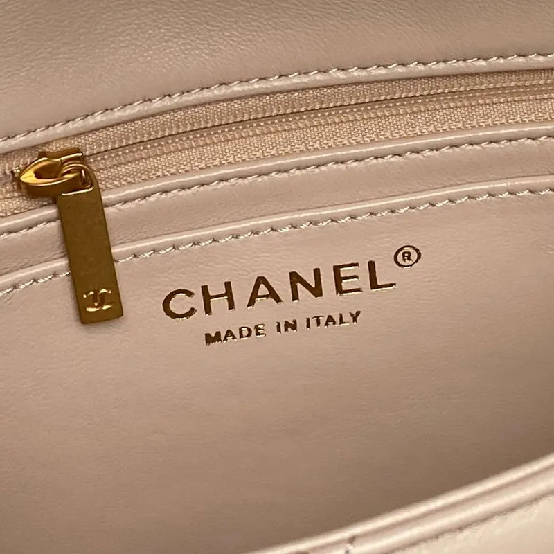 Chanel 25P AS5353 Flap Bag Shiny Lambskin  Imitation Pearls & Gold Tone Metal Apricot