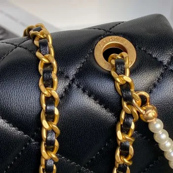 Chanel 25P AS5353 Flap Bag Shiny Lambskin  Imitation Pearls & Gold Tone Metal Black