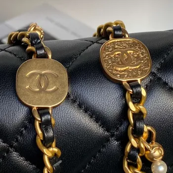 Chanel 25P AS5353 Flap Bag Shiny Lambskin  Imitation Pearls & Gold Tone Metal Black