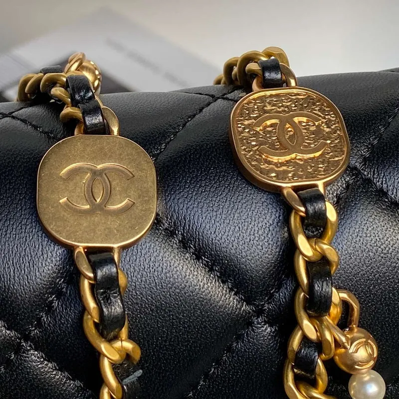 Chanel 25P AS5353 Flap Bag Shiny Lambskin  Imitation Pearls & Gold Tone Metal Black