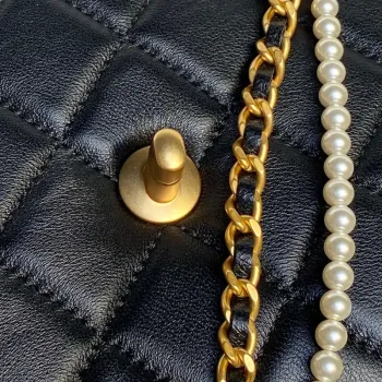 Chanel 25P AS5353 Flap Bag Shiny Lambskin  Imitation Pearls & Gold Tone Metal Black