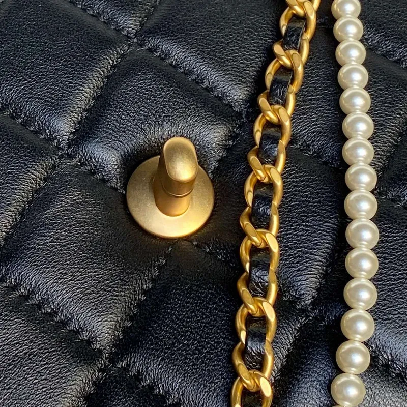 Chanel 25P AS5353 Flap Bag Shiny Lambskin  Imitation Pearls & Gold Tone Metal Black