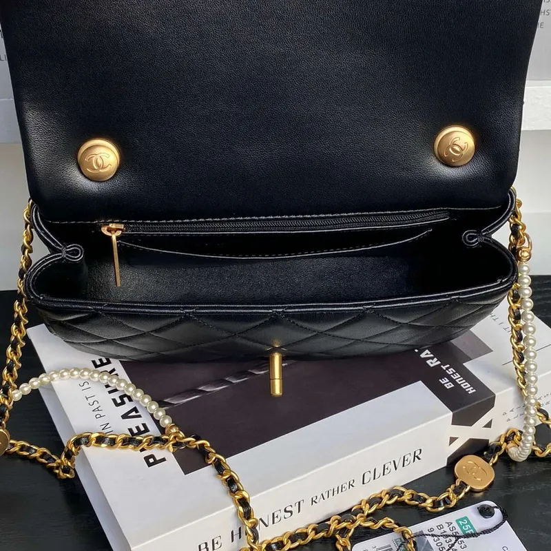 Chanel 25P AS5353 Flap Bag Shiny Lambskin  Imitation Pearls & Gold Tone Metal Black