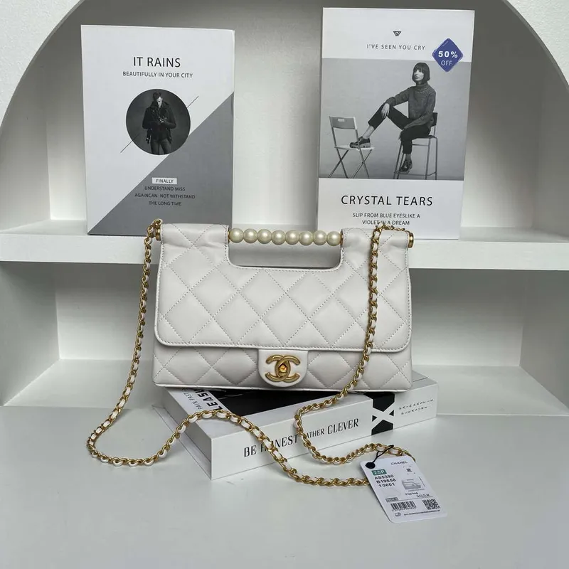 Chanel AS5390 25P Limited Edition Pearl Handle Flap Bag White Lambskin