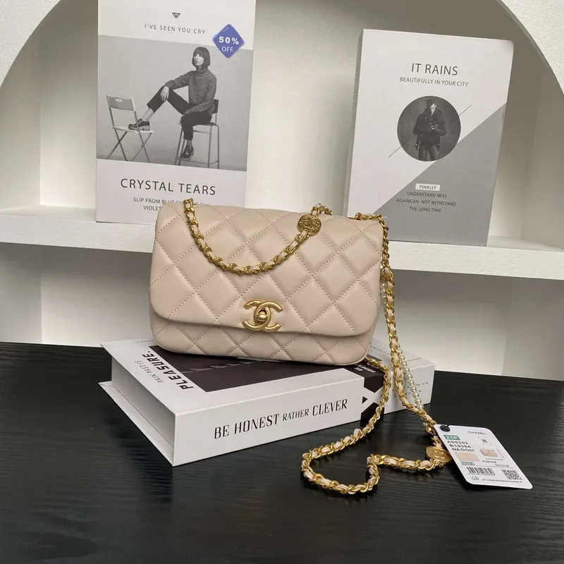 Chanel 25P AS5352  Mini Flap Bag Shiny Lambskin  Imitation Pearls & Gold Tone Metal Apricot