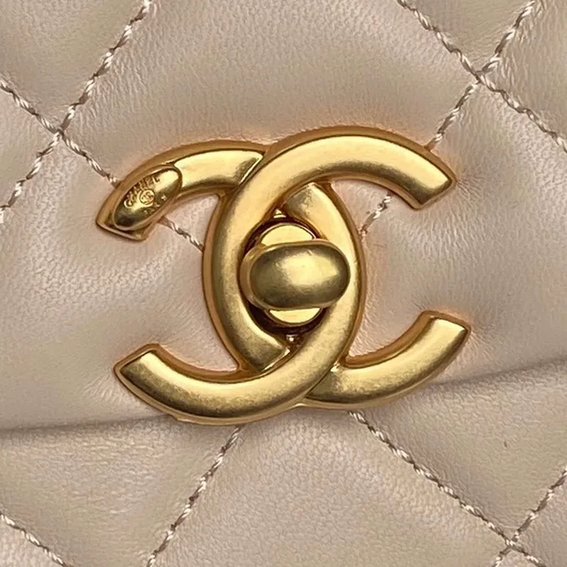 Chanel 25P AS5352  Mini Flap Bag Shiny Lambskin  Imitation Pearls & Gold Tone Metal Apricot