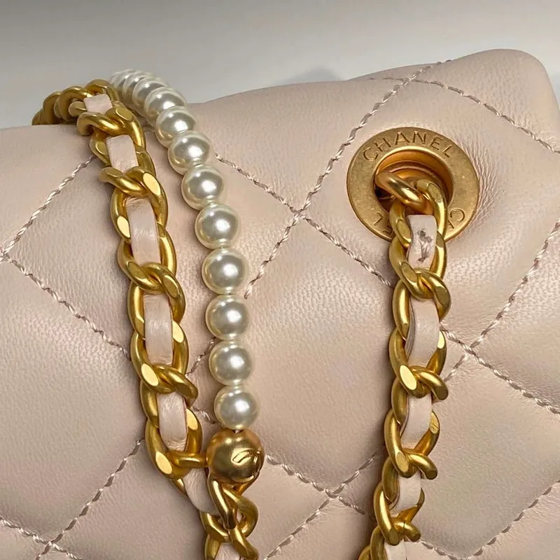 Chanel 25P AS5352  Mini Flap Bag Shiny Lambskin  Imitation Pearls & Gold Tone Metal Apricot