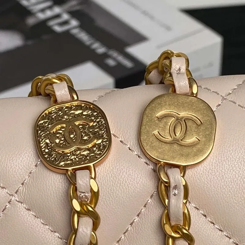Chanel 25P AS5352  Mini Flap Bag Shiny Lambskin  Imitation Pearls & Gold Tone Metal Apricot