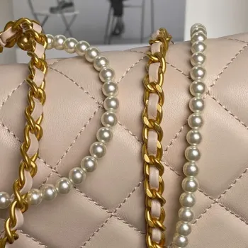 Chanel 25P AS5352  Mini Flap Bag Shiny Lambskin  Imitation Pearls & Gold Tone Metal Apricot