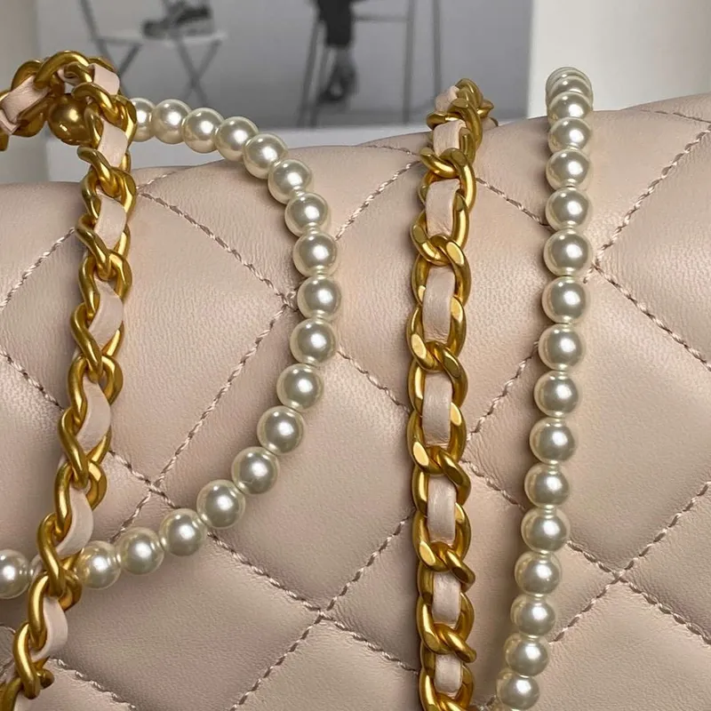 Chanel 25P AS5352  Mini Flap Bag Shiny Lambskin  Imitation Pearls & Gold Tone Metal Apricot