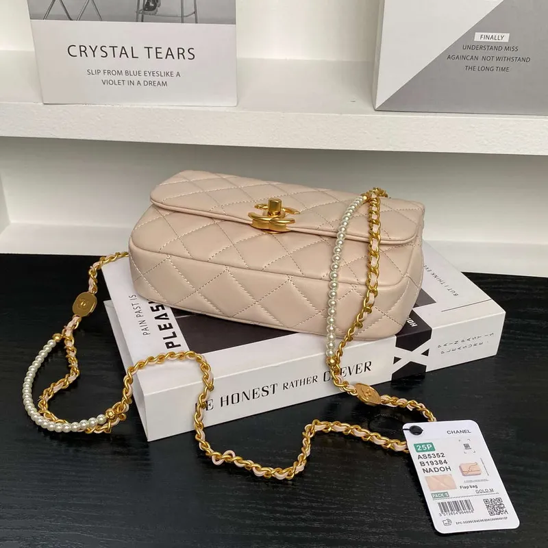 Chanel 25P AS5352  Mini Flap Bag Shiny Lambskin  Imitation Pearls & Gold Tone Metal Apricot