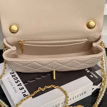 Chanel 25P AS5352  Mini Flap Bag Shiny Lambskin  Imitation Pearls & Gold Tone Metal Apricot