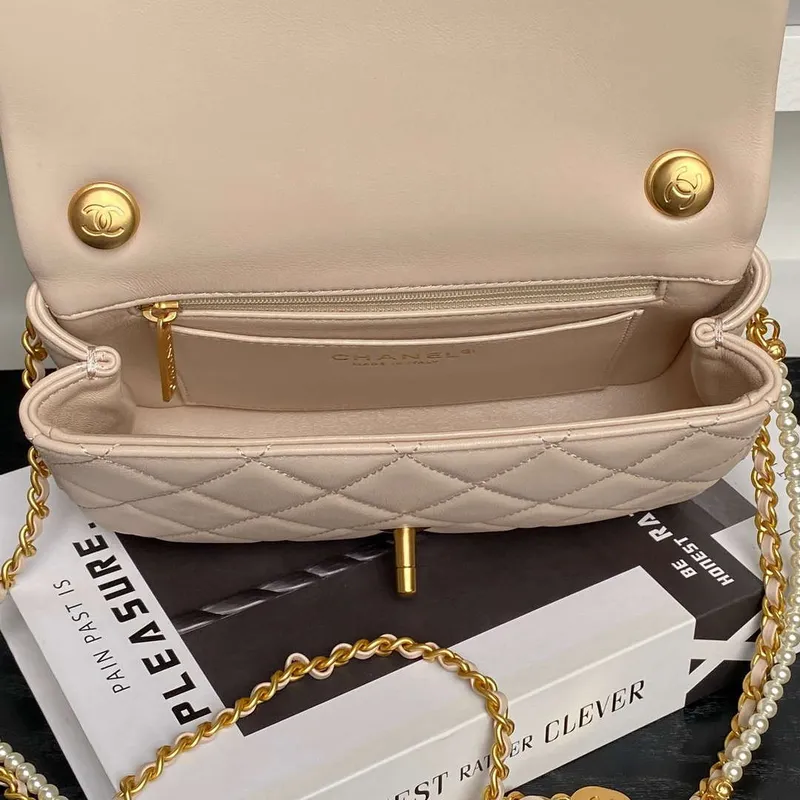 Chanel 25P AS5352  Mini Flap Bag Shiny Lambskin  Imitation Pearls & Gold Tone Metal Apricot