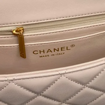 Chanel 25P AS5352  Mini Flap Bag Shiny Lambskin  Imitation Pearls & Gold Tone Metal Apricot