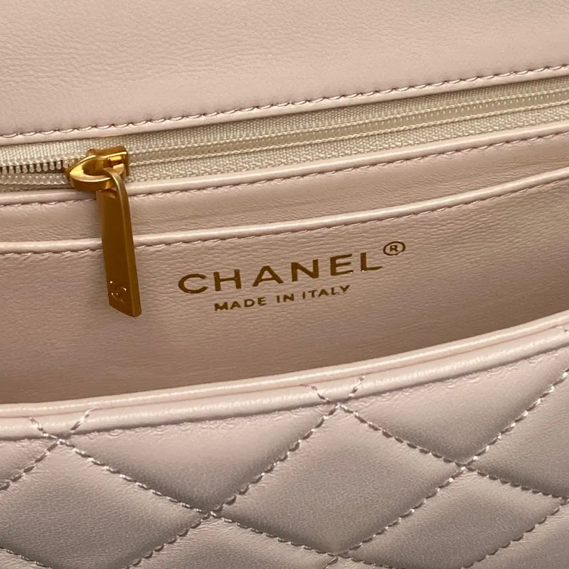 Chanel 25P AS5352  Mini Flap Bag Shiny Lambskin  Imitation Pearls & Gold Tone Metal Apricot