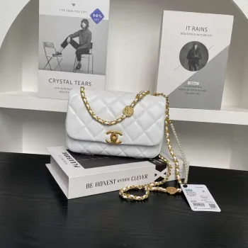 Chanel 25P AS5352  Mini Flap Bag Shiny Lambskin  Imitation Pearls & Gold Tone Metal White