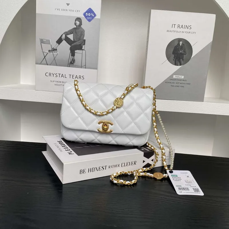 Chanel 25P AS5352  Mini Flap Bag Shiny Lambskin  Imitation Pearls & Gold Tone Metal White
