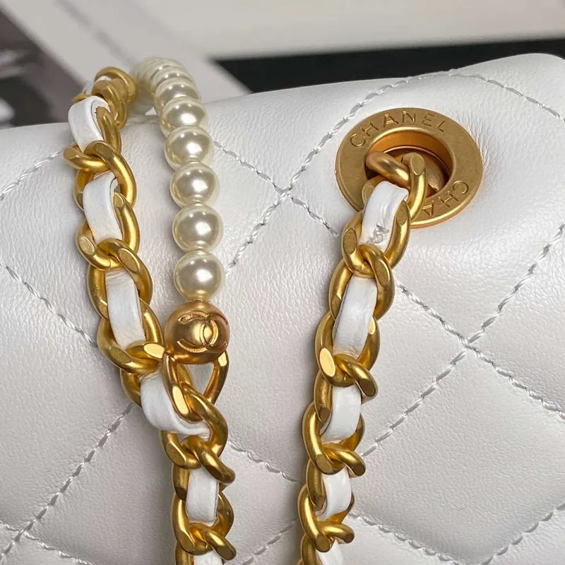 Chanel 25P AS5352  Mini Flap Bag Shiny Lambskin  Imitation Pearls & Gold Tone Metal White