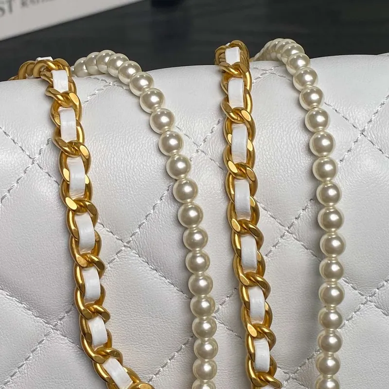 Chanel 25P AS5352  Mini Flap Bag Shiny Lambskin  Imitation Pearls & Gold Tone Metal White