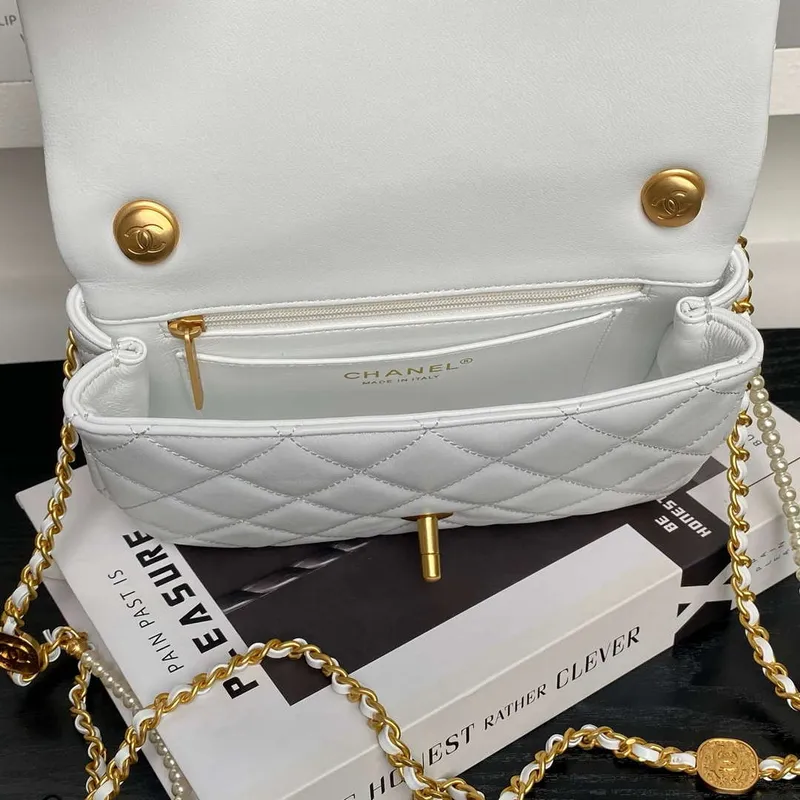 Chanel 25P AS5352  Mini Flap Bag Shiny Lambskin  Imitation Pearls & Gold Tone Metal White