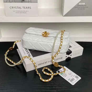 Chanel 25P AS5352  Mini Flap Bag Shiny Lambskin  Imitation Pearls & Gold Tone Metal White