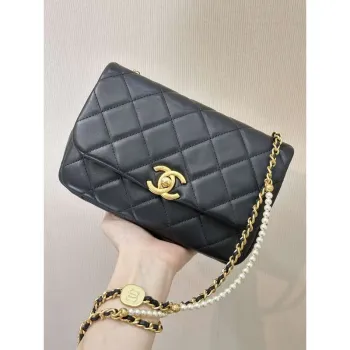Chanel 25P AS5352  Mini Flap Bag Shiny Lambskin  Imitation Pearls & Gold Tone Metal Black