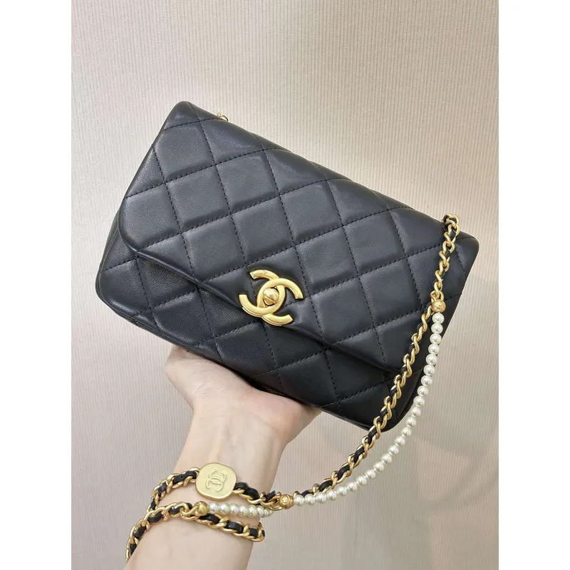 Chanel 25P AS5352  Mini Flap Bag Shiny Lambskin  Imitation Pearls & Gold Tone Metal Black