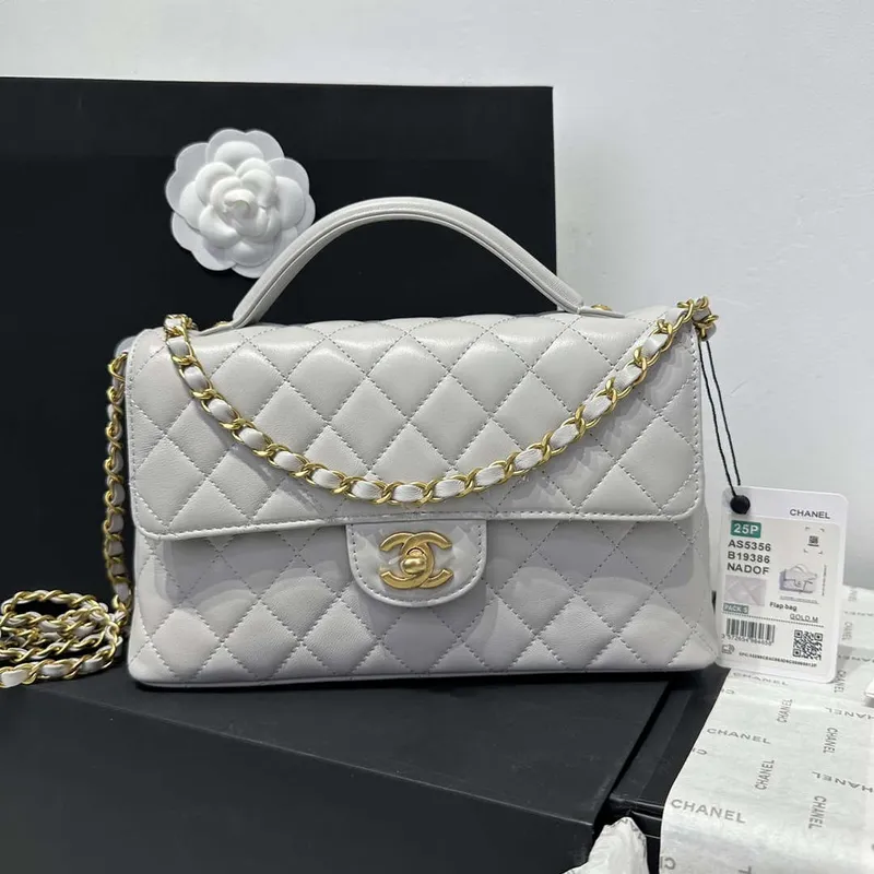 Chanel 25P AS5356 Meduim Flap Bag With Top Handle Gray Lambskin