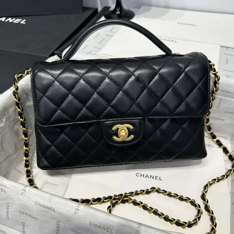 Chanel 25P AS5356 Meduim Flap Bag With Top Handle Black Lambskin