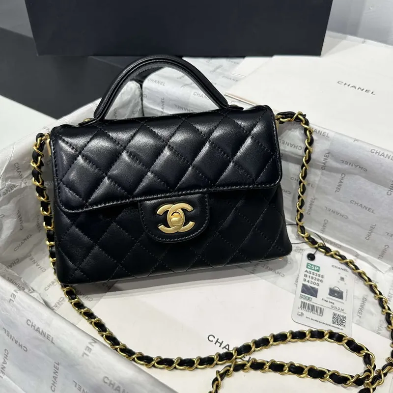 Chanel 25P AS5355 Small Flap Bag With Top Handle Black Lambskin