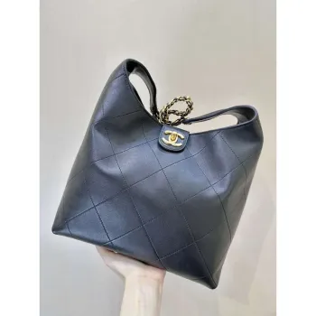 Chanel 25SS AS5425 Large Hobo Handbag Shiny Lambskin & Gold Tone Metal Black