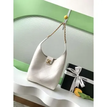 Chanel 25SS AS5403 Hobo Handbag Shiny Lambskin & Gold Tone Metal White