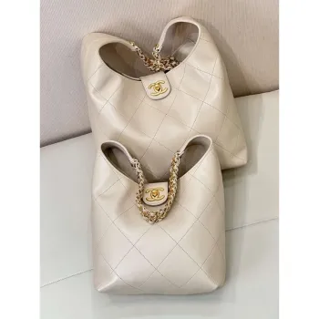 Chanel 25P AS5425 Large Hobo Handbag Shiny Lambskin & Gold Tone Metal Apricot