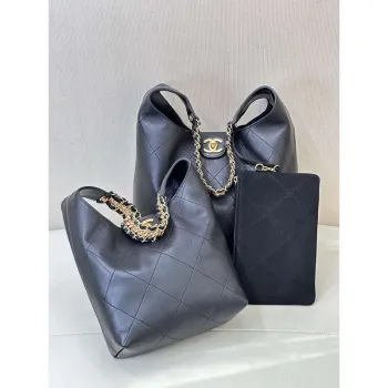 Chanel 25SS AS5403 Hobo Handbag Shiny Lambskin & Gold Tone Metal Black