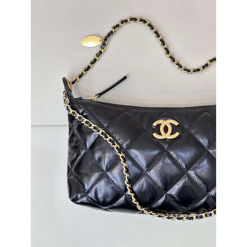 Chanel 25SS AS5528 Hobo Handbag in Lambskin Black