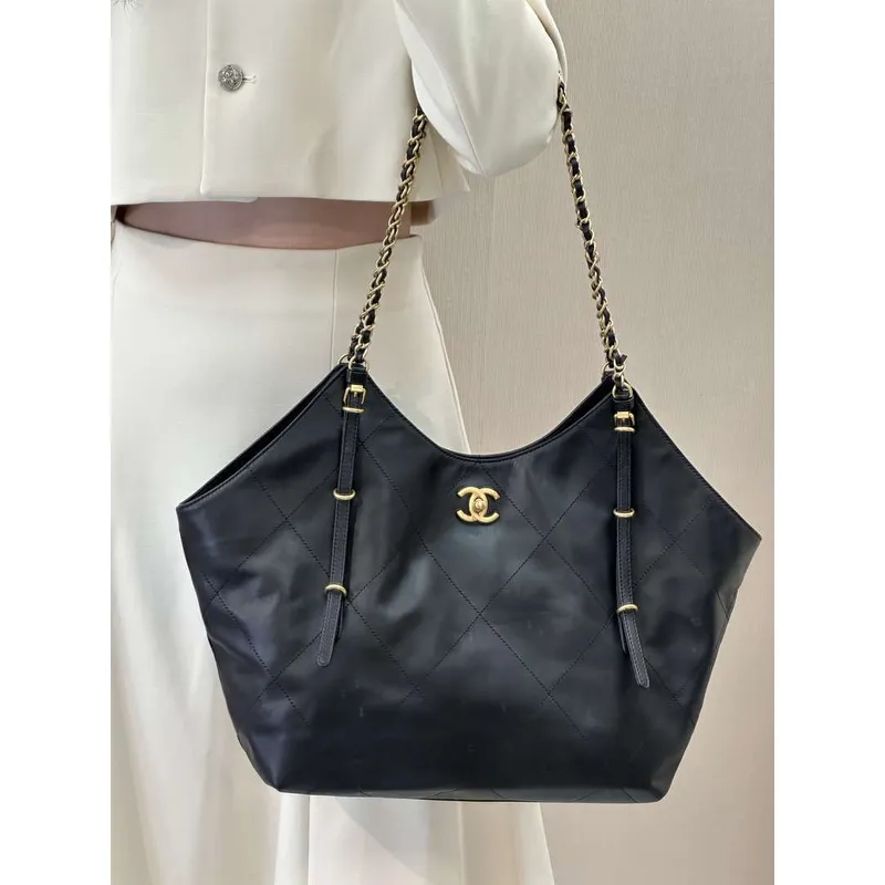 Chanel AS5466 25SS Large Shopping Bag  Calfskin & Gold Tone Metal  Black