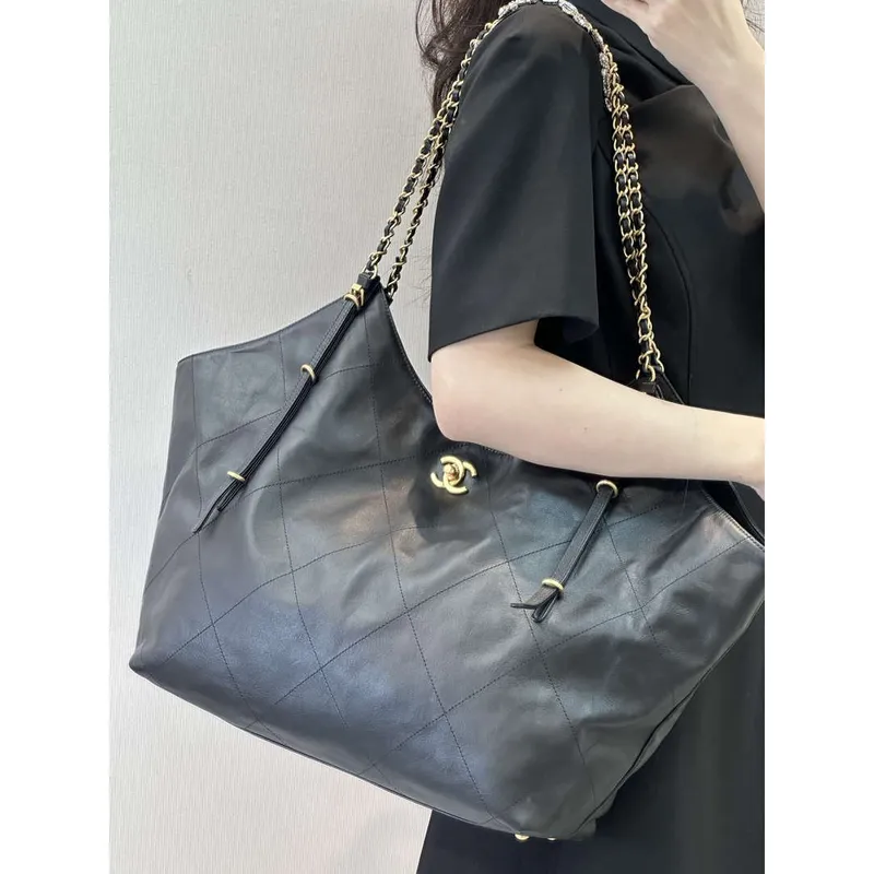 Chanel AS5463 25SS Maxi Shopping Bag  Calfskin & Gold Tone Metal  Black