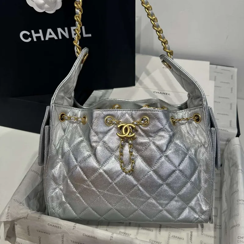 Chanel AS5293 Small Hobo Calfskin & Gold Tone Metal Silver
